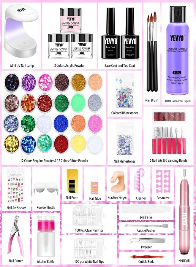 YEVYO Acrylic Nail Kit with Drill and UV Light, Nail Kit for Beginner with Everything, 24 Glitter Acrylic Powder Monomer Liquid Set with Drill for for Home Nail Salon - Image 2